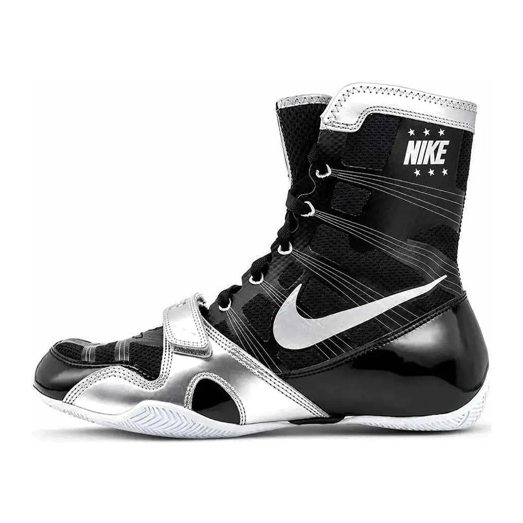A pair of Custom Nike HyperKO boxing shoes in a black and silver colorway, featuring a forefoot lockdown strap and Nike Swoosh – alternate view 2