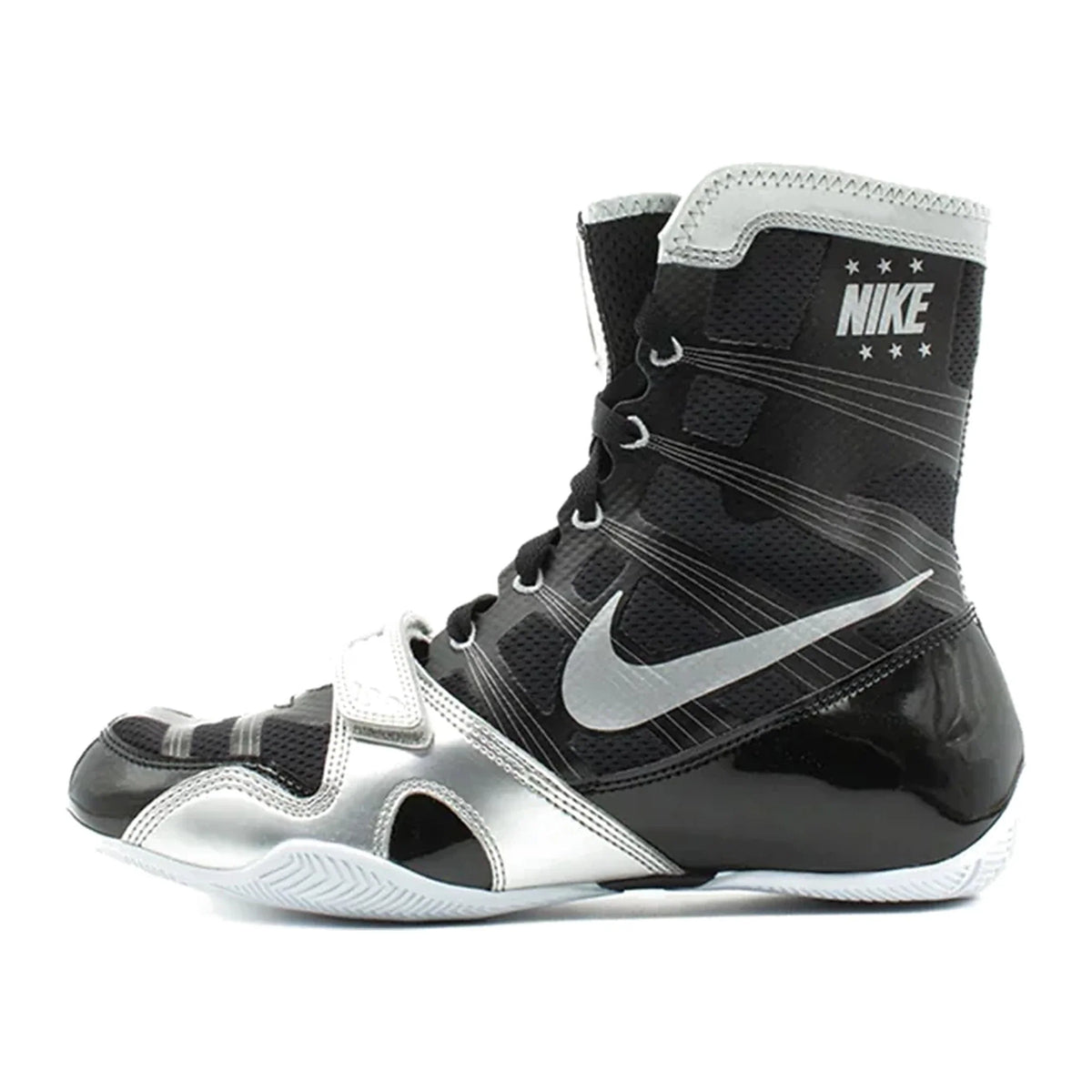 Custom Nike HyperKO boxing shoes in black and silver, heel and ankle collar
