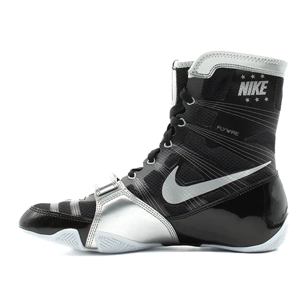 Custom Nike HyperKO boxing shoes in black and silver, toe box detail