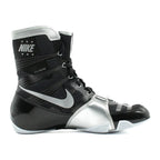 Custom Nike HyperKO boxing shoes in black and silver, top-down lacing view