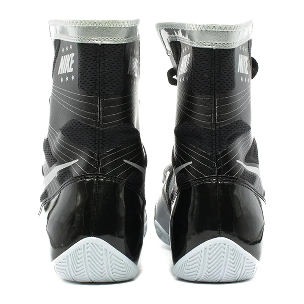 Custom Nike HyperKO boxing shoes in black and silver, pair shown together