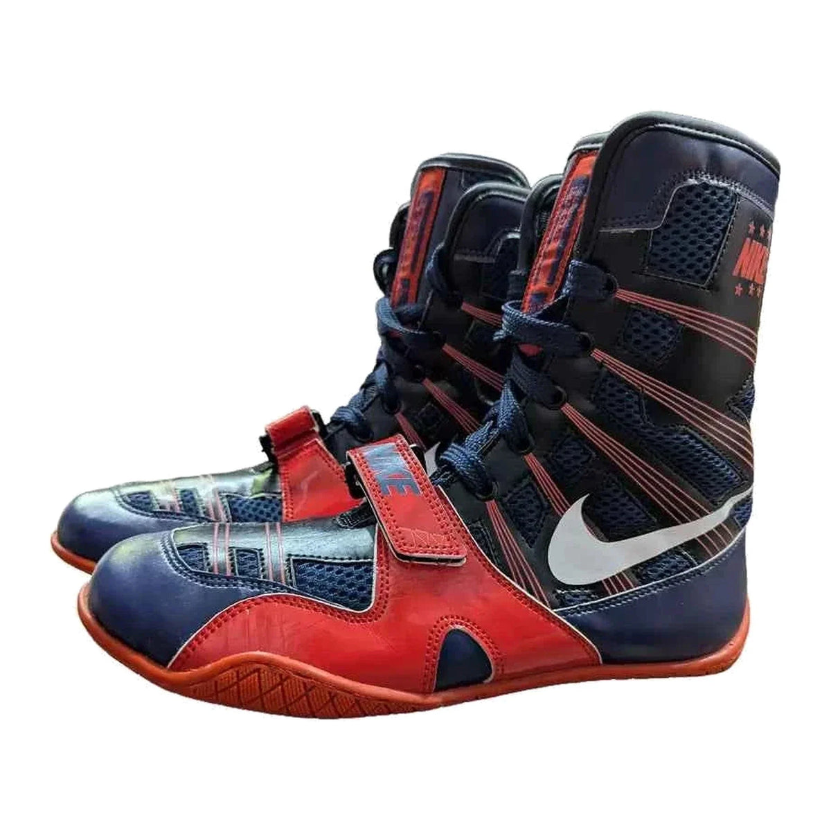 Custom Nike HyperKO boxing shoes in navy blue and red with red forefoot lockdown strap and white Swoosh