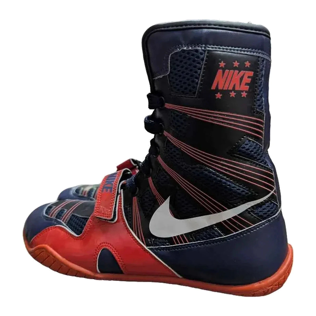 Custom Nike HyperKO 1 boxing shoes in navy and red, side profile showing forefoot strap