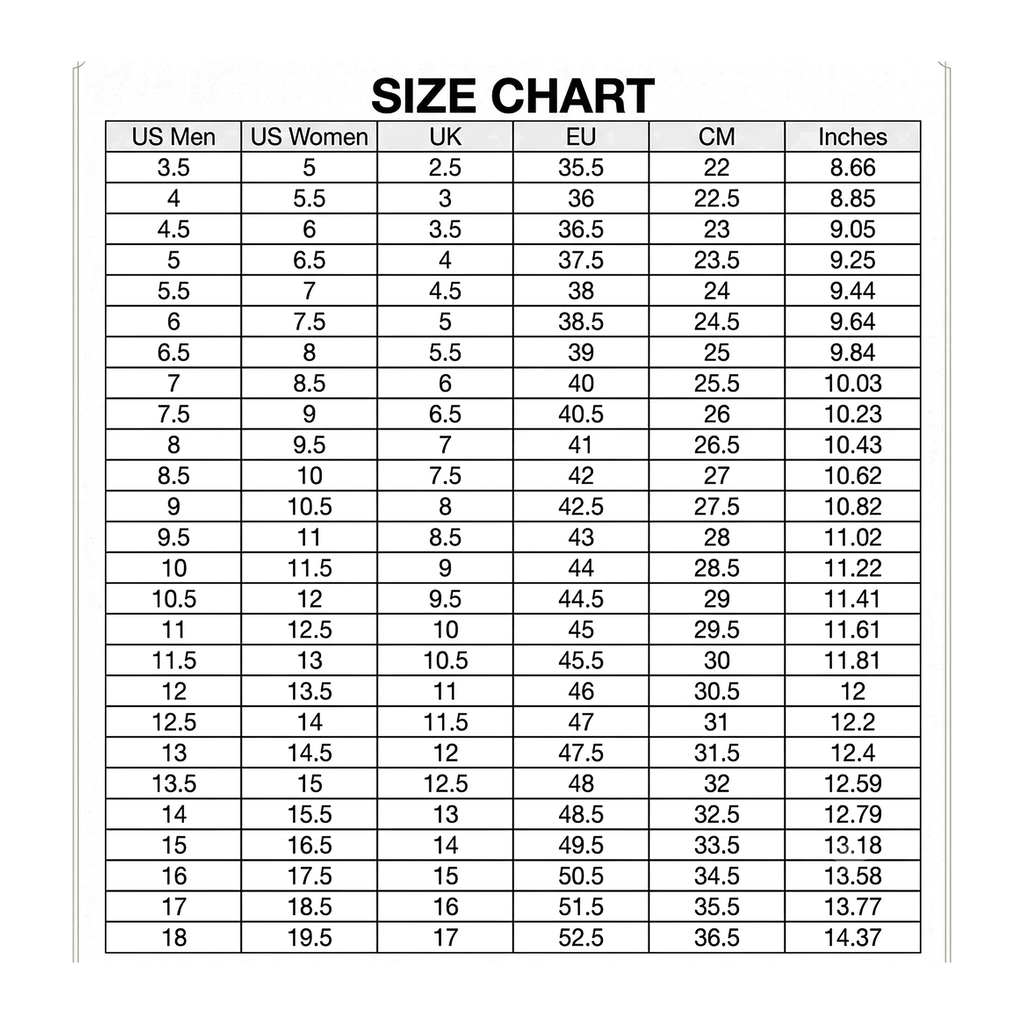 Boxing shoe size chart with US Men, US Women, UK, EU, CM, and inch conversions