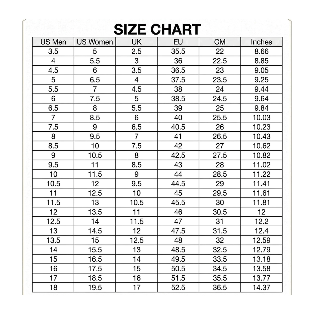 Boxing shoe size chart with US Men, US Women, UK, EU, CM, and inch conversions