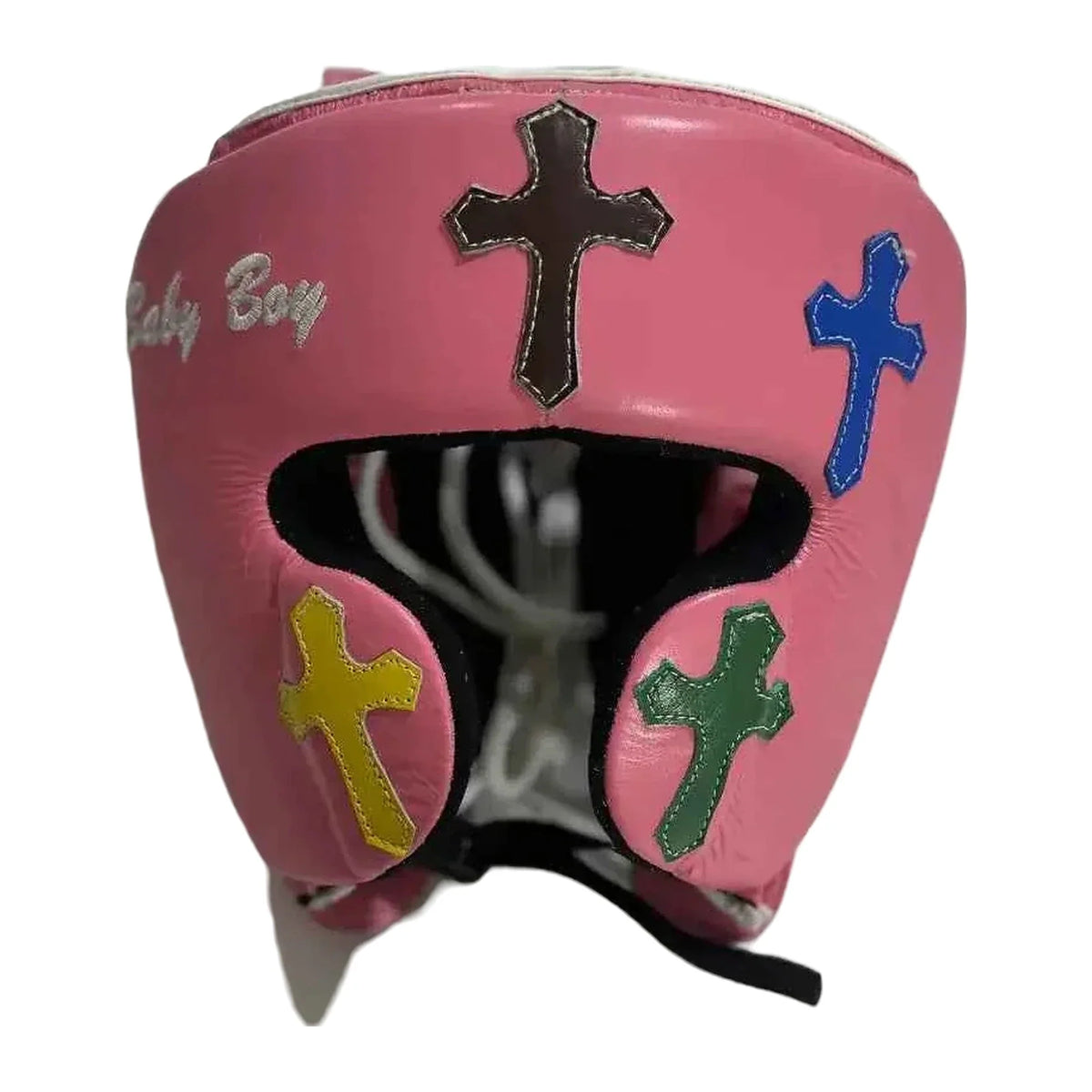 Custom pink boxing headgear with cross-patch design, front view