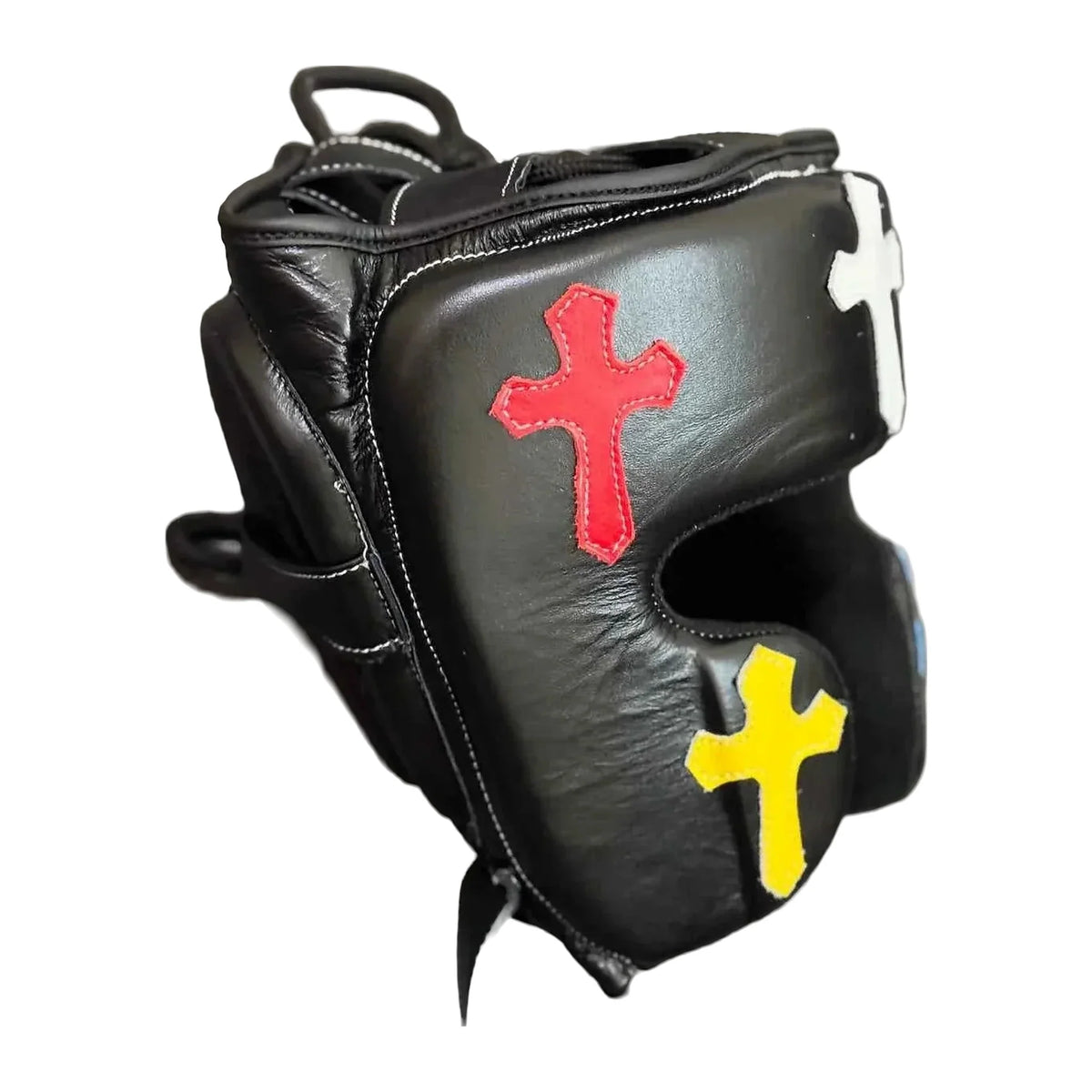 Cross patchwork headgear side profile showing panel detail