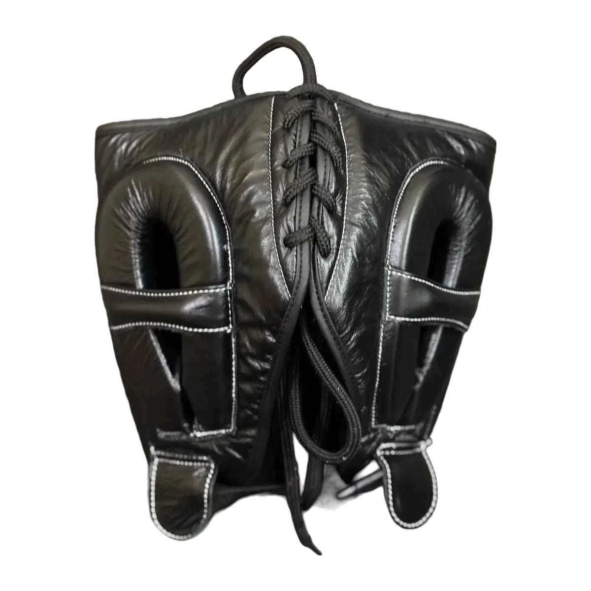 Cross patchwork boxing headgear rear view showing strap adjustment