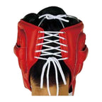 Red open-face headgear side profile showing cheek protection