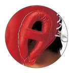 Red open-face boxing headgear rear view showing strap adjustment