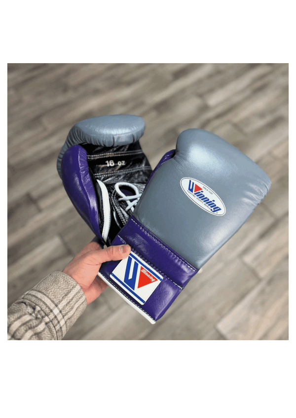 Winning Custom Lace-Up Boxing Gloves in Grey & Purple