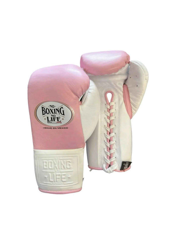No Boxing No Life Gloves - Pink & White Lace-Up Professional Mexican Training & Sparring Boxing Gloves