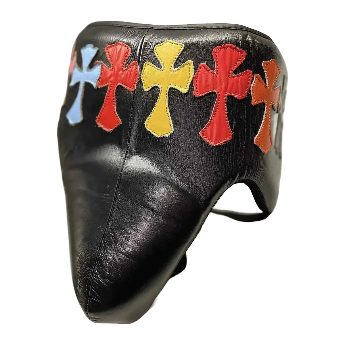 Cross patchwork groin guard side profile showing panel detail