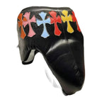 Cross patchwork groin guard rear view showing waist belt