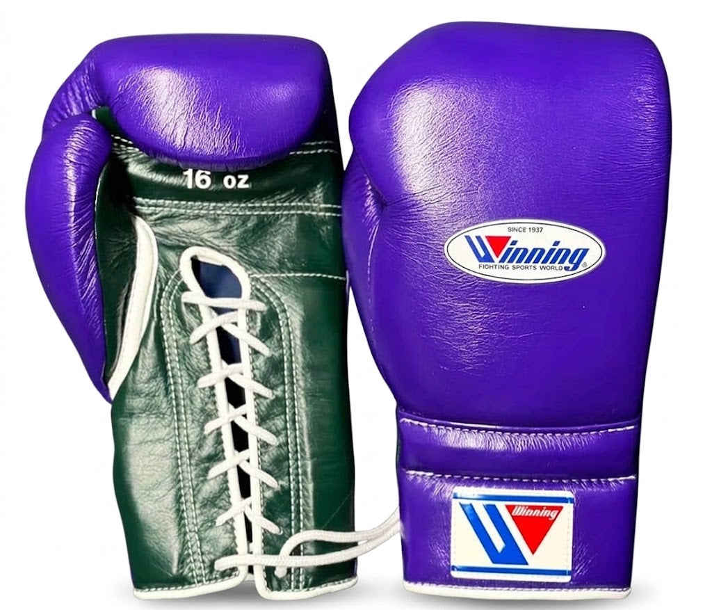Winning Boxing Gloves Purple & Green lace-up training glove, genuine leather, 8oz to 16oz
