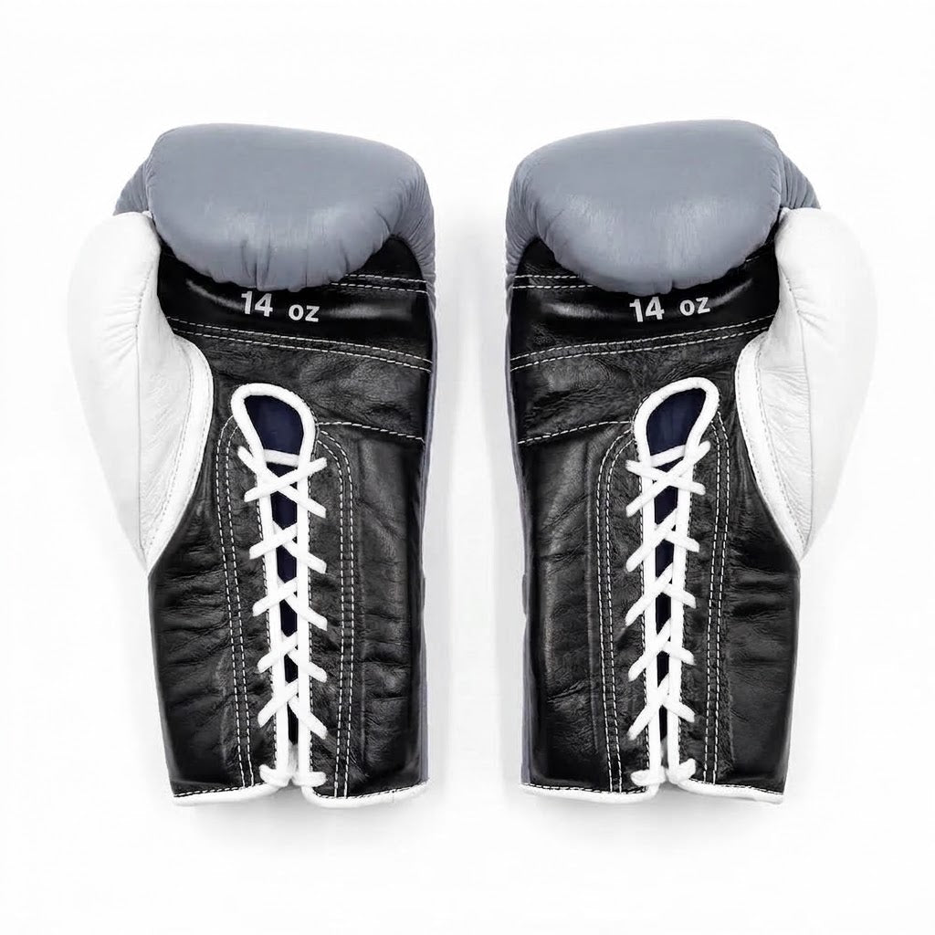 Winning Boxing Gloves Black, Grey & White lace-up training glove, genuine leather, 8oz to 16oz
