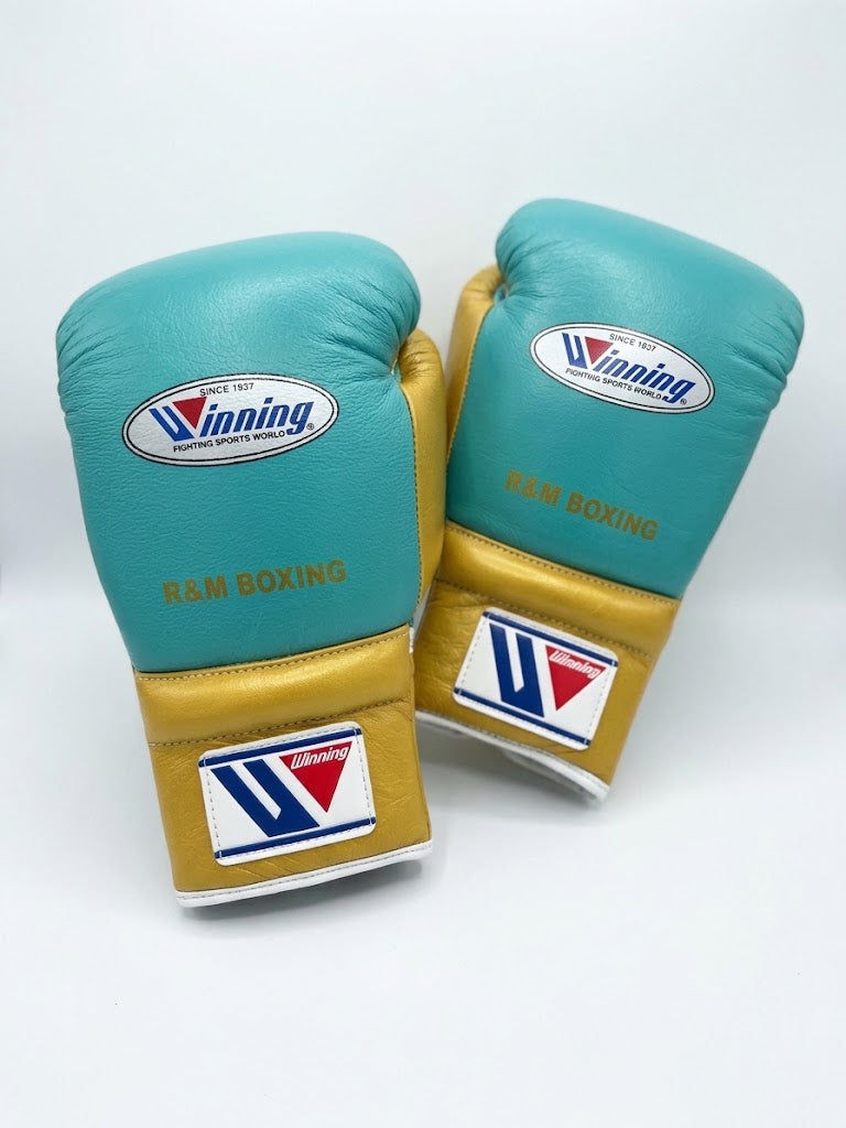 Winning Boxing Gloves Sea Green & Gold lace-up training glove, genuine leather, 8oz to 16oz
