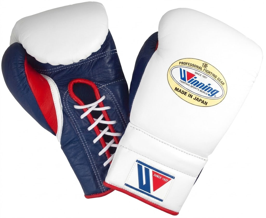 Winning Boxing Gloves White, Navy & Red lace-up training glove, genuine leather, 8oz to 16oz