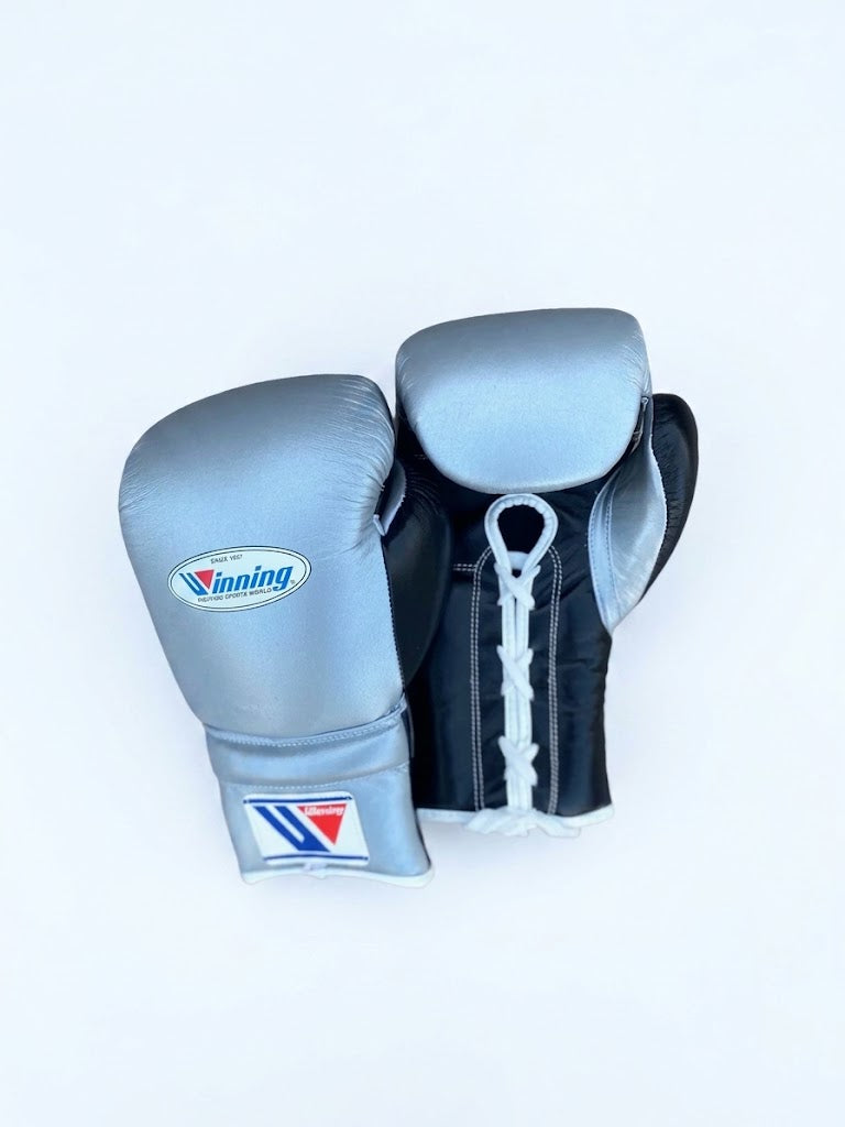 Winning Boxing Gloves Light Blue & Black lace-up training glove, genuine leather, 8oz to 16oz