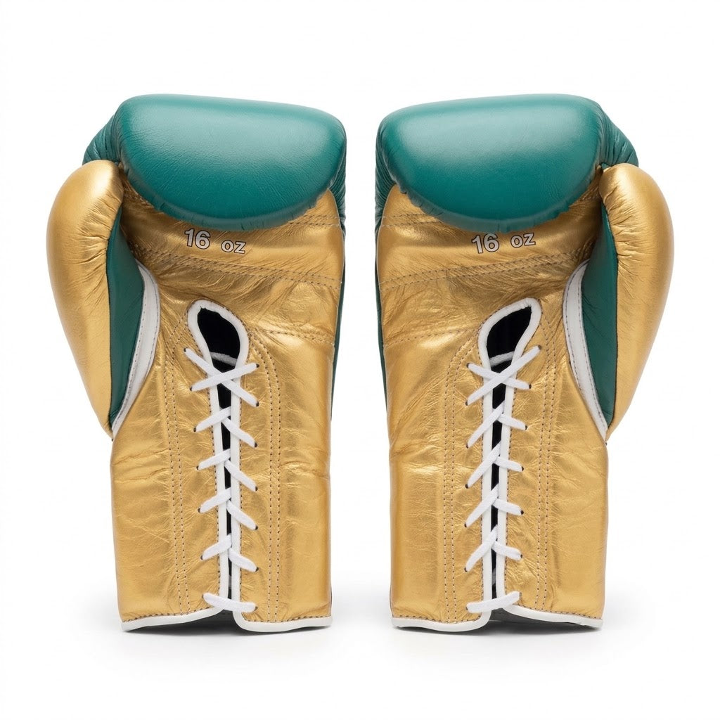 Winning Boxing Gloves Teal & Gold lace-up training glove, genuine leather, 8oz to 16oz