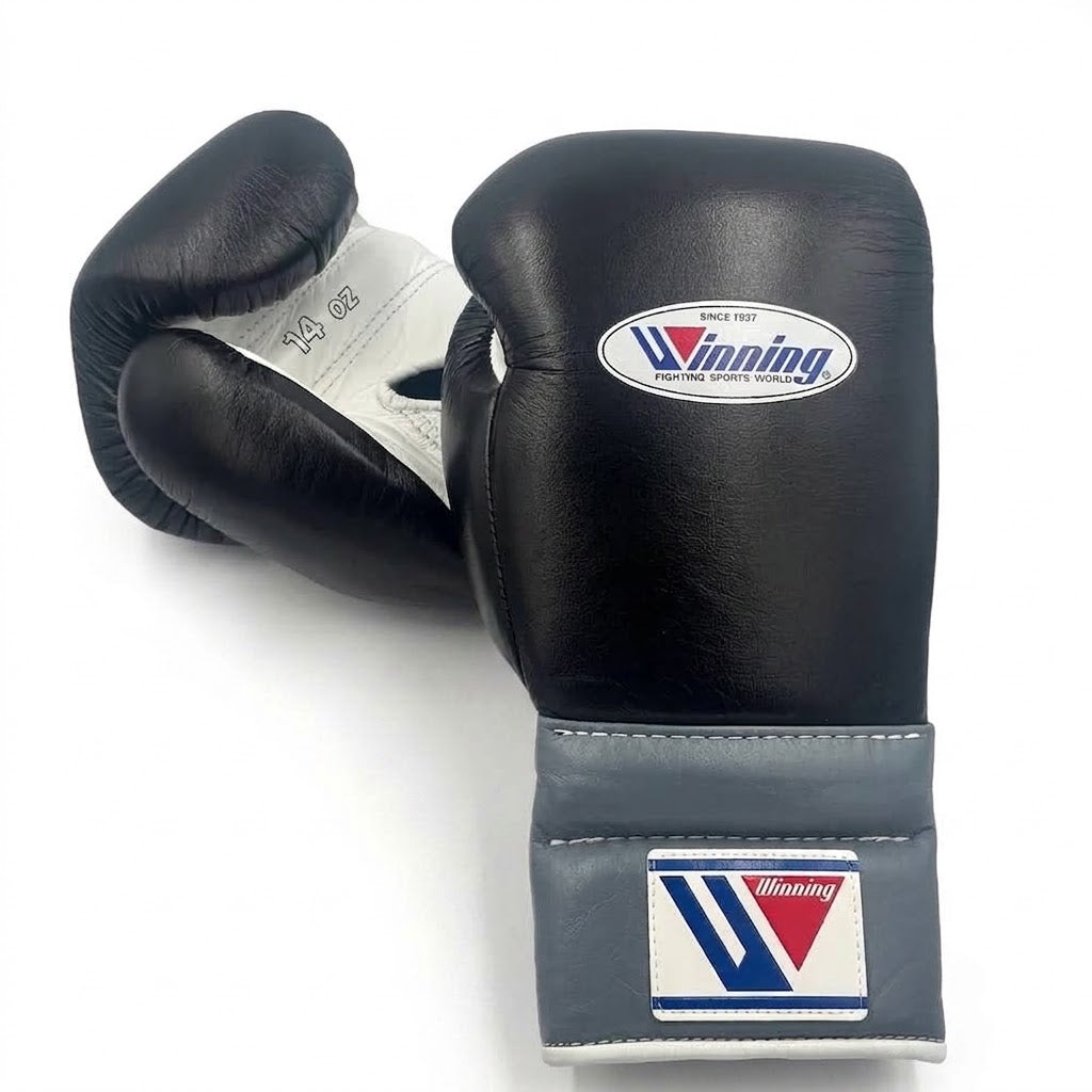 Winning Boxing Gloves Black & White lace-up training glove, genuine leather, 8oz to 16oz