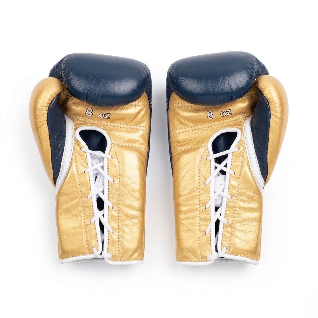Winning Boxing Gloves Navy & Gold lace-up training glove, genuine leather, 8oz to 16oz
