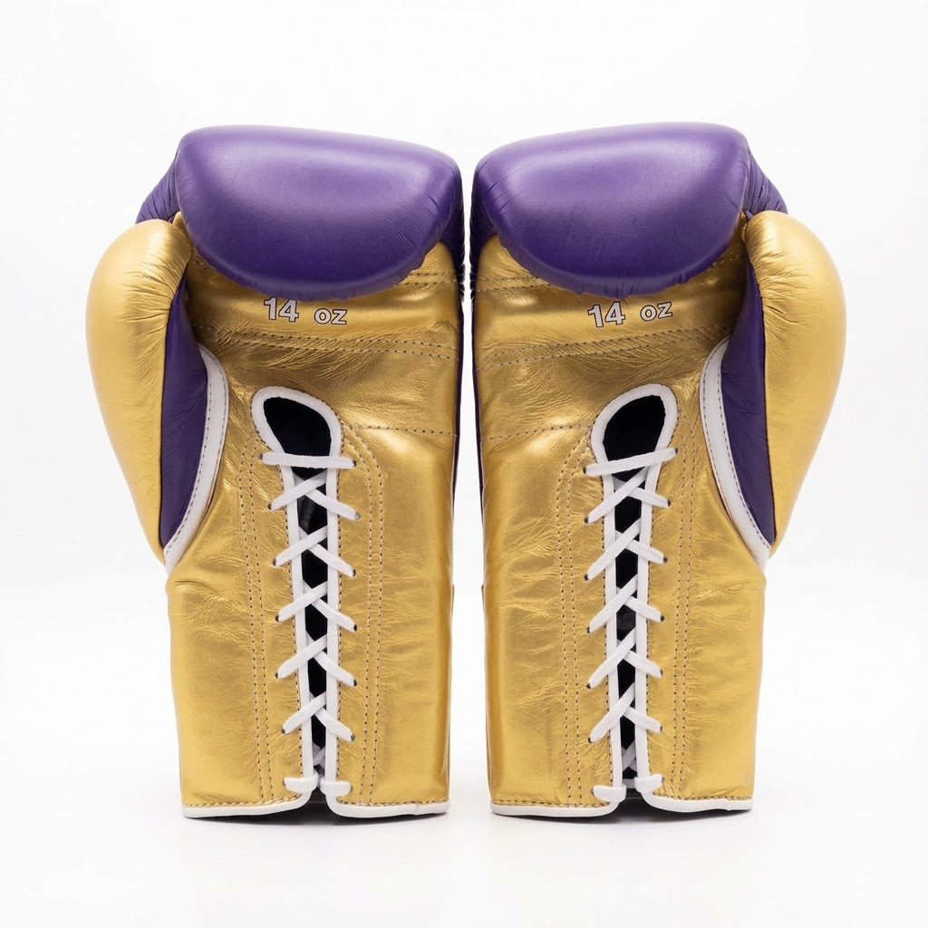Winning Boxing Gloves Gold & Purple lace-up training glove, genuine leather, 8oz to 16oz