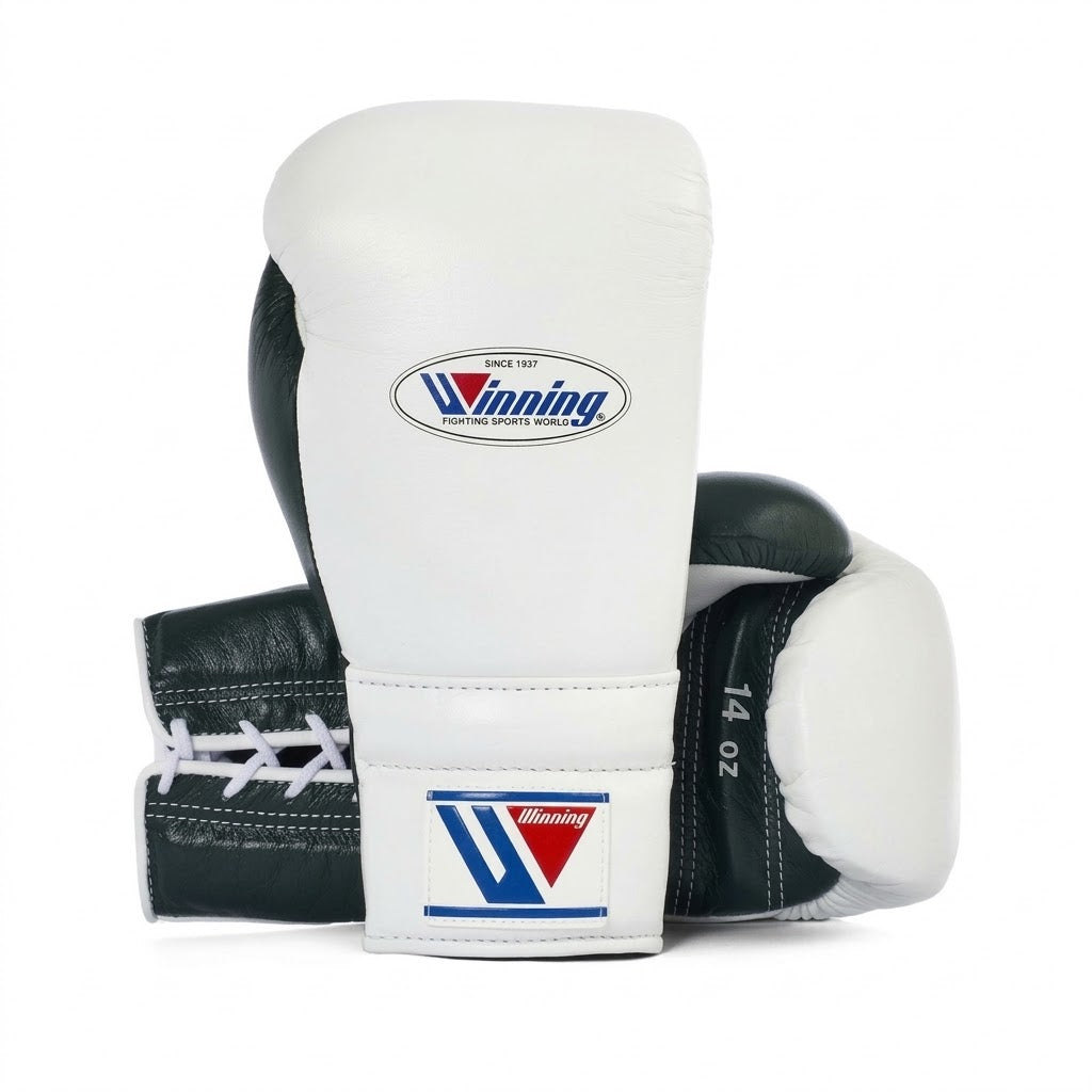 Winning Boxing Gloves White & Green lace-up training glove, genuine leather, 8oz to 16oz