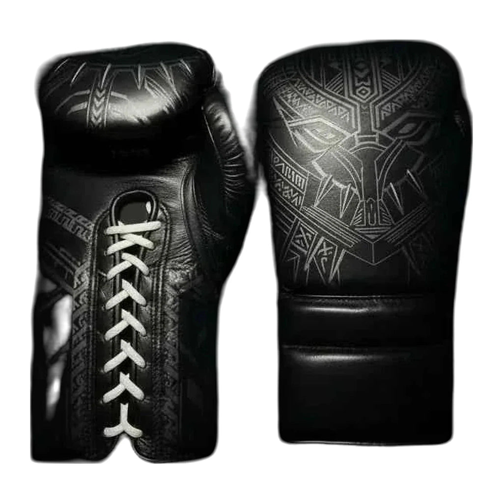 All-black leather lace-up sparring gloves