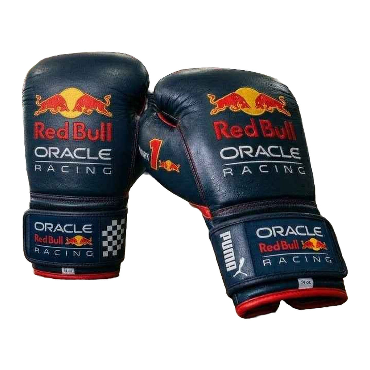 Navy and red boxing gloves side profile showing wrist support
