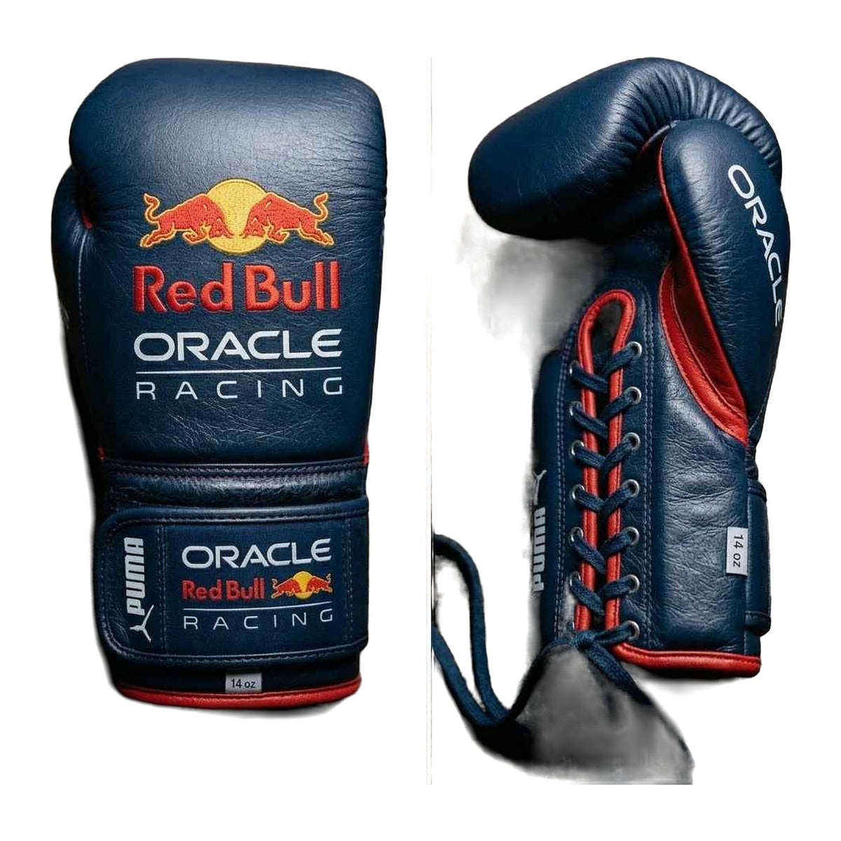 Navy and red racing boxing gloves palm view showing grip bar