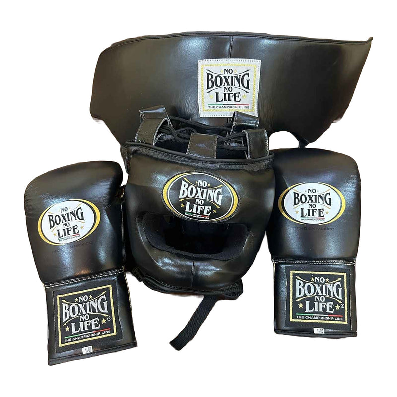 No Boxing No Life all-black sparring set - gloves, headgear and groin guard