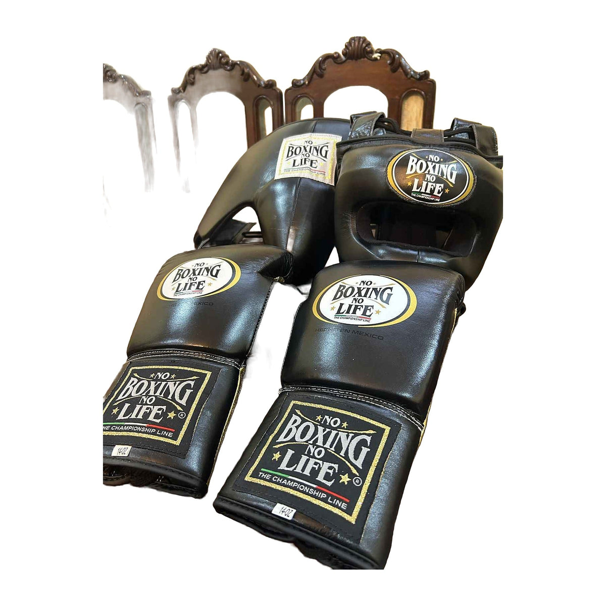 No Boxing No Life All-Black Complete Boxing Set (8oz–20oz) – Gloves, Headgear & Groin Guard for Professional Training & Sparring