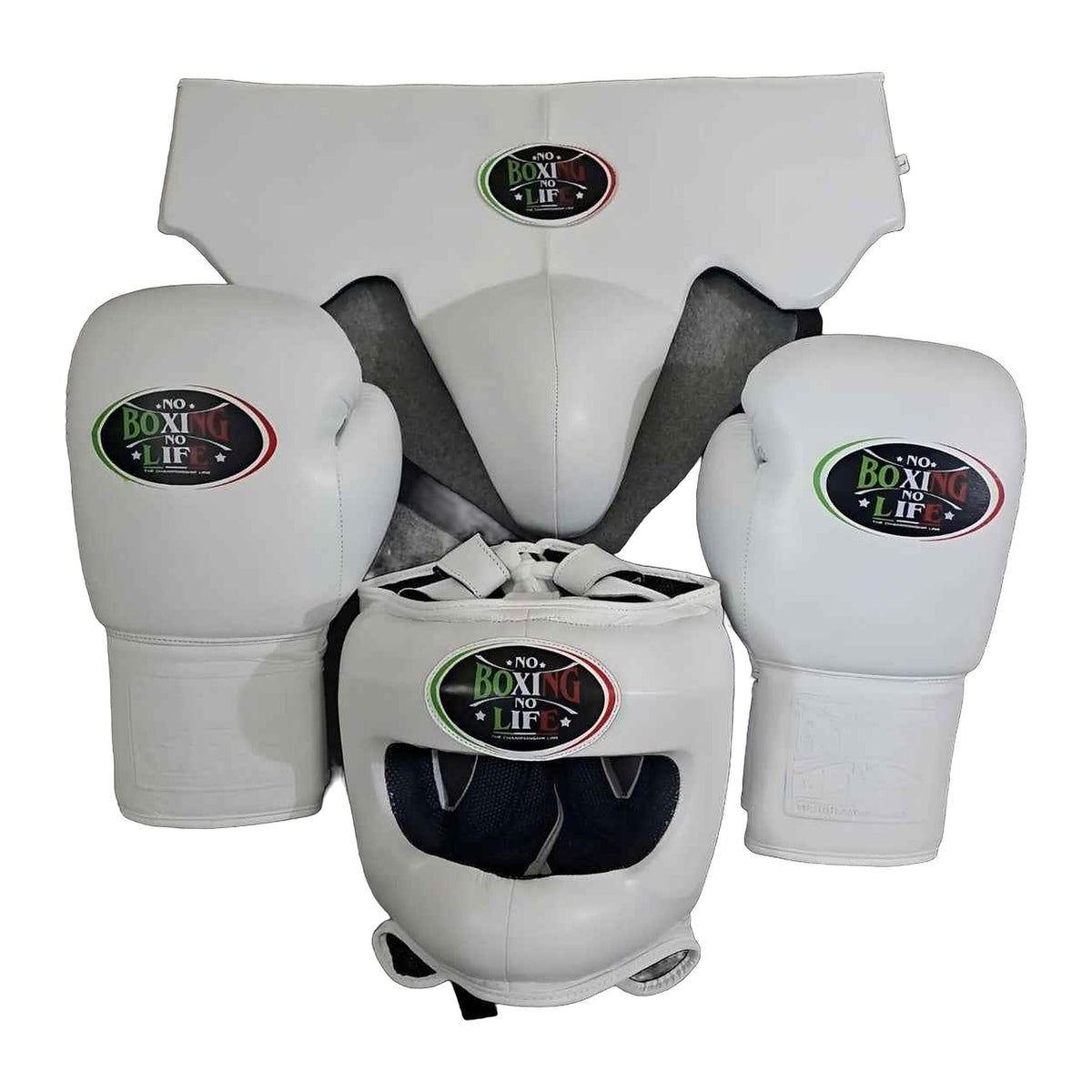 No Boxing No Life all-white sparring set - gloves, headgear and groin guard