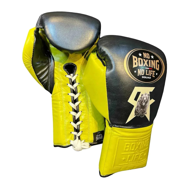 No Boxing No Life black and lime green boxing gloves - NBNL horsehair Mexican lace-up
