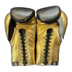 No Boxing No Life black gold gloves close-up of metallic leather trim