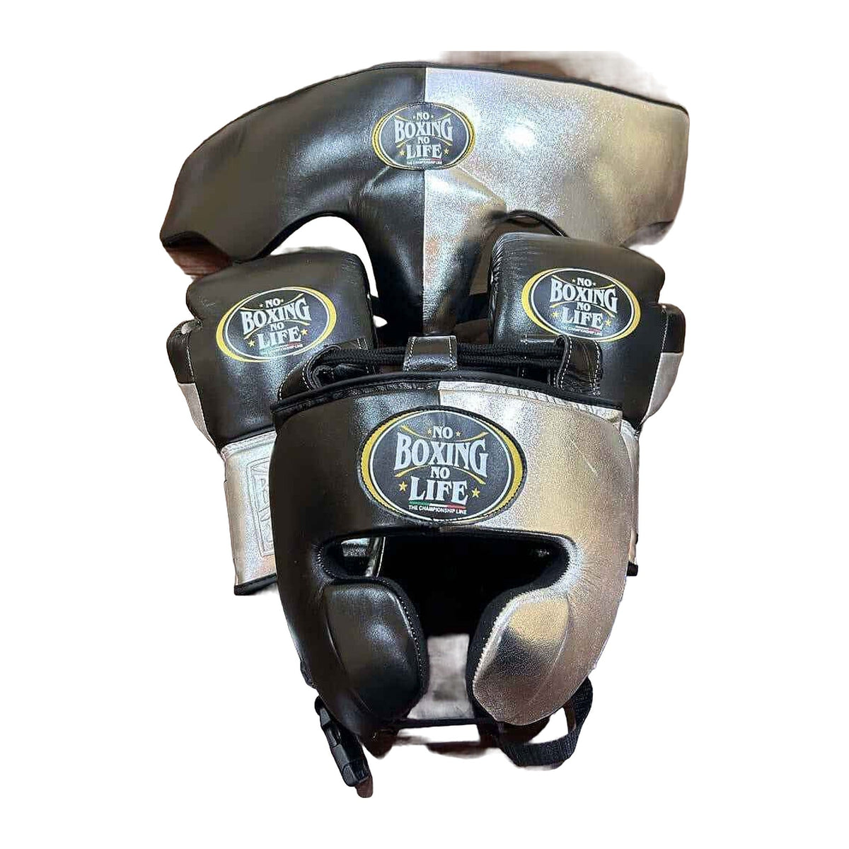 No Boxing No Life black & silver sparring set - gloves, headgear and groin guard