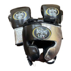 NBNL black & silver headgear front view with cheek protection