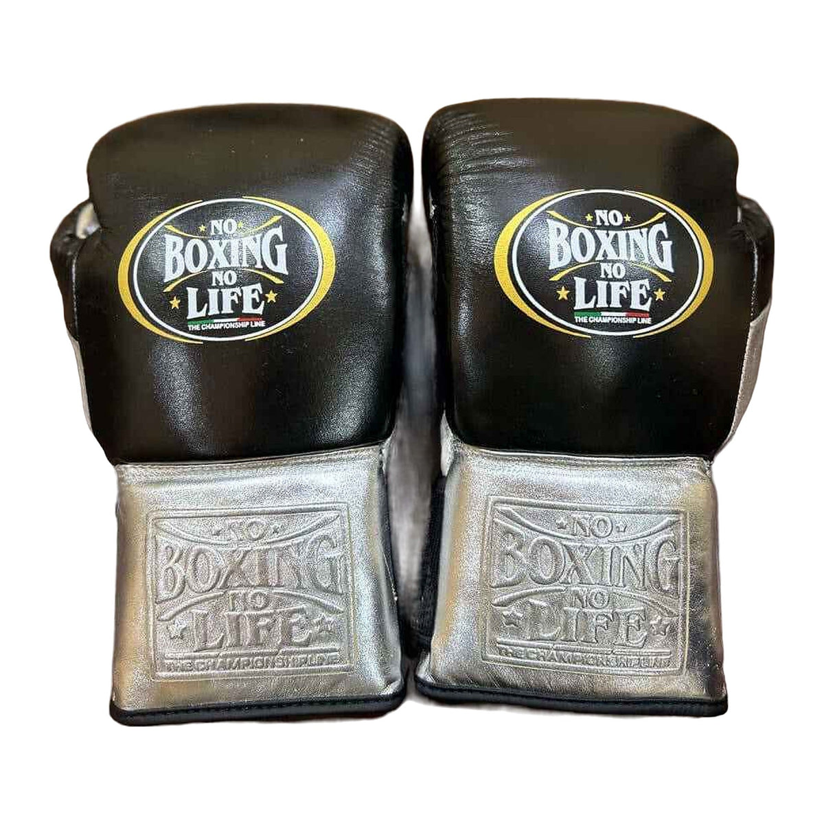 NBNL black & silver lace-up gloves close-up