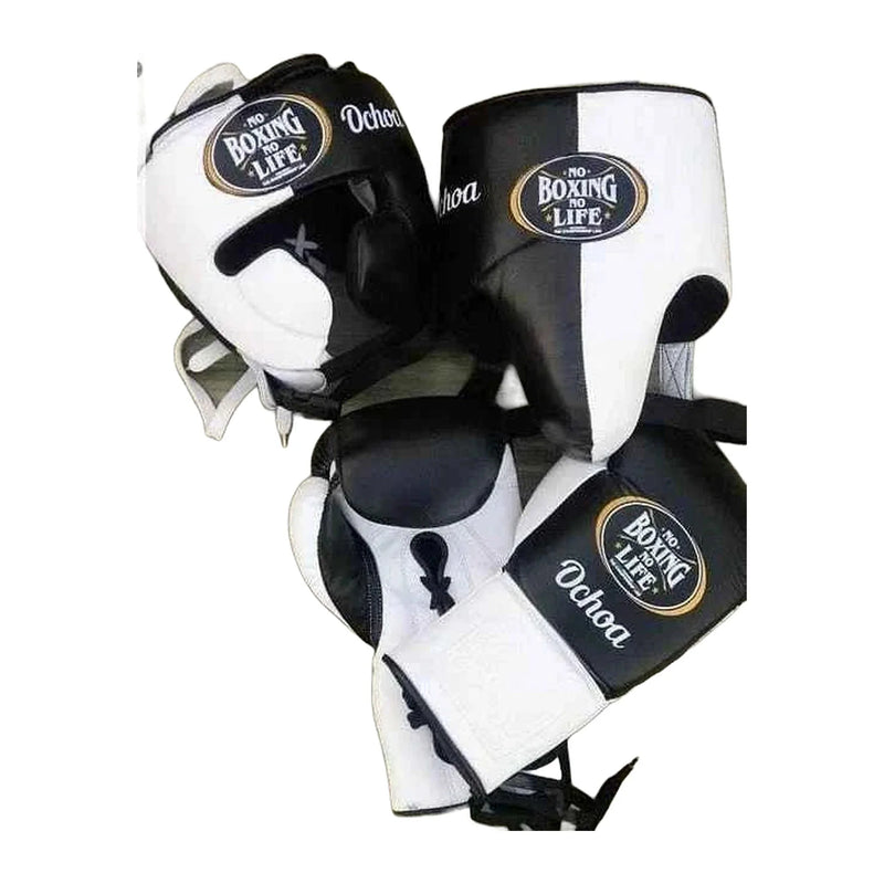 No Boxing No Life black & white sparring set - gloves, headgear and groin guard