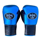 NBNL blue & black lace-up gloves close-up