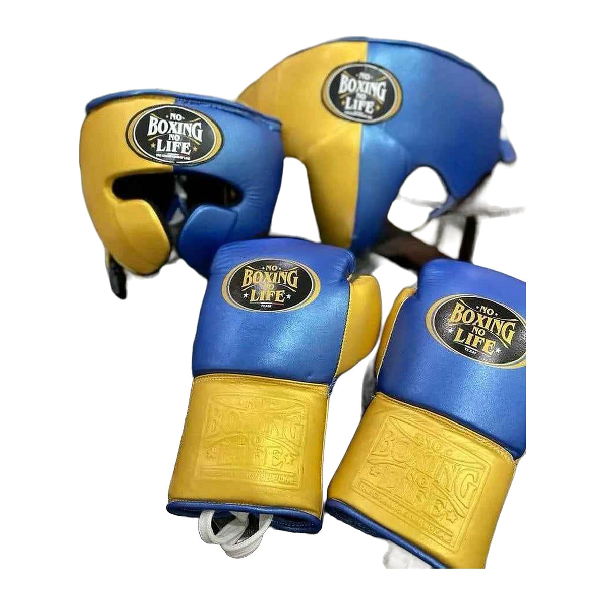 No Boxing No Life blue & gold sparring set - gloves, headgear and groin guard