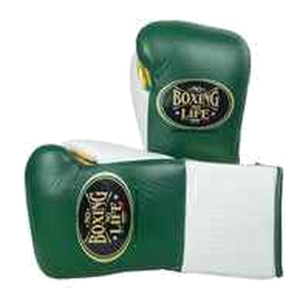 No Boxing No Life green white gloves close-up of lace-up wrist closure