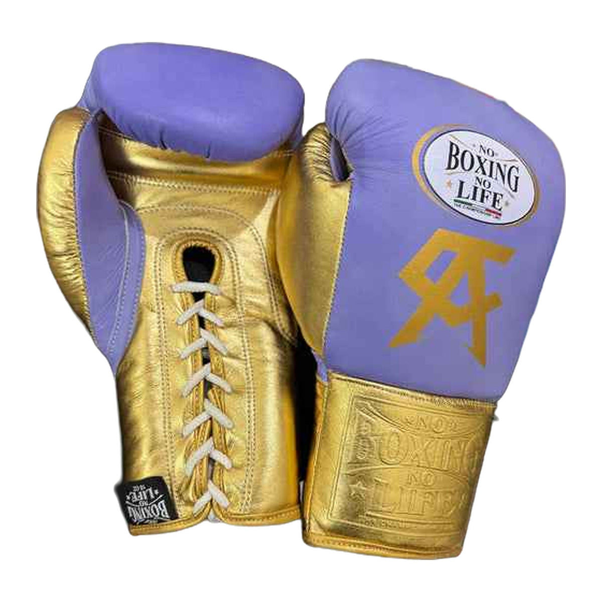 No Boxing No Life Gloves Purple & Gold lace-up training glove, side view