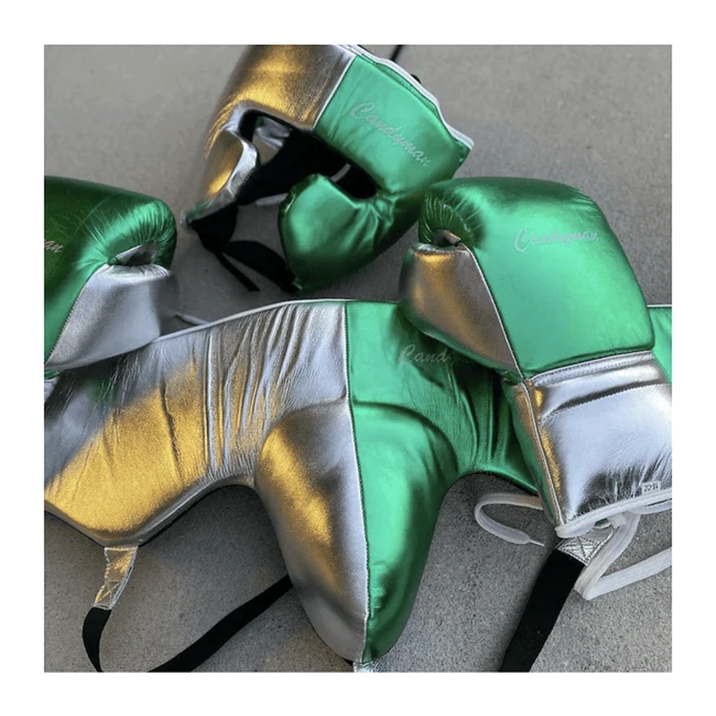 No Boxing No Life metallic green and silver sparring set with gloves, headgear and groin guard