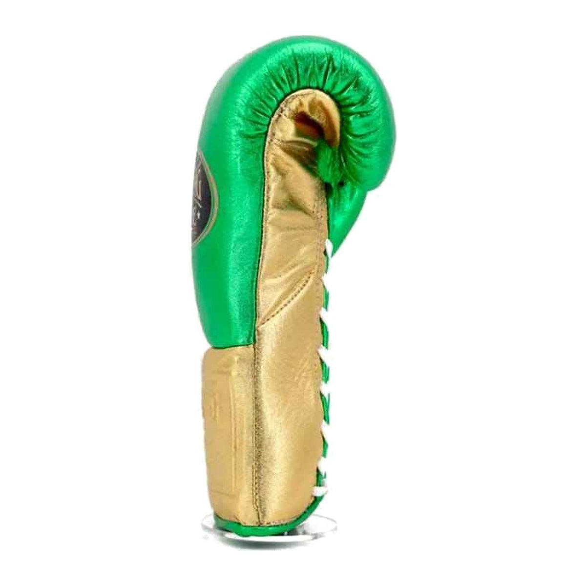 No Boxing No Life lime green gold lace-up gloves pair displayed