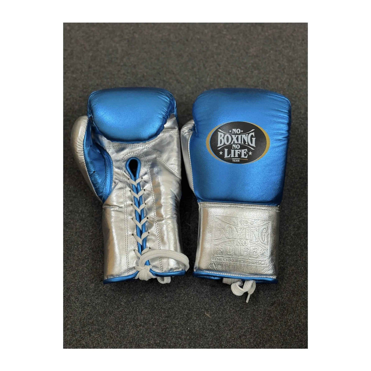 No Boxing No Life blue silver gloves close-up of metallic leather finish