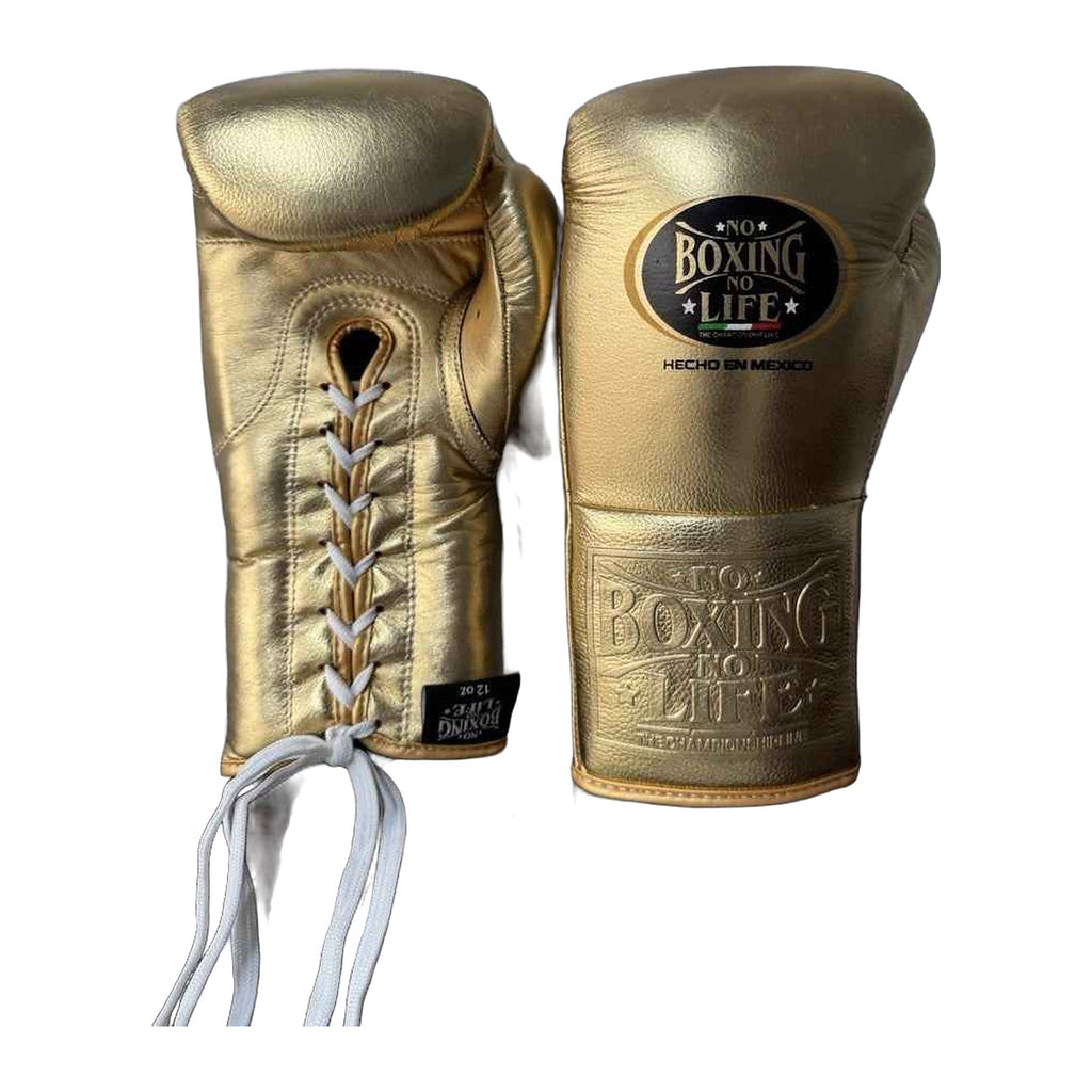 No Boxing No Life gold 12oz gloves close-up of metallic leather finish