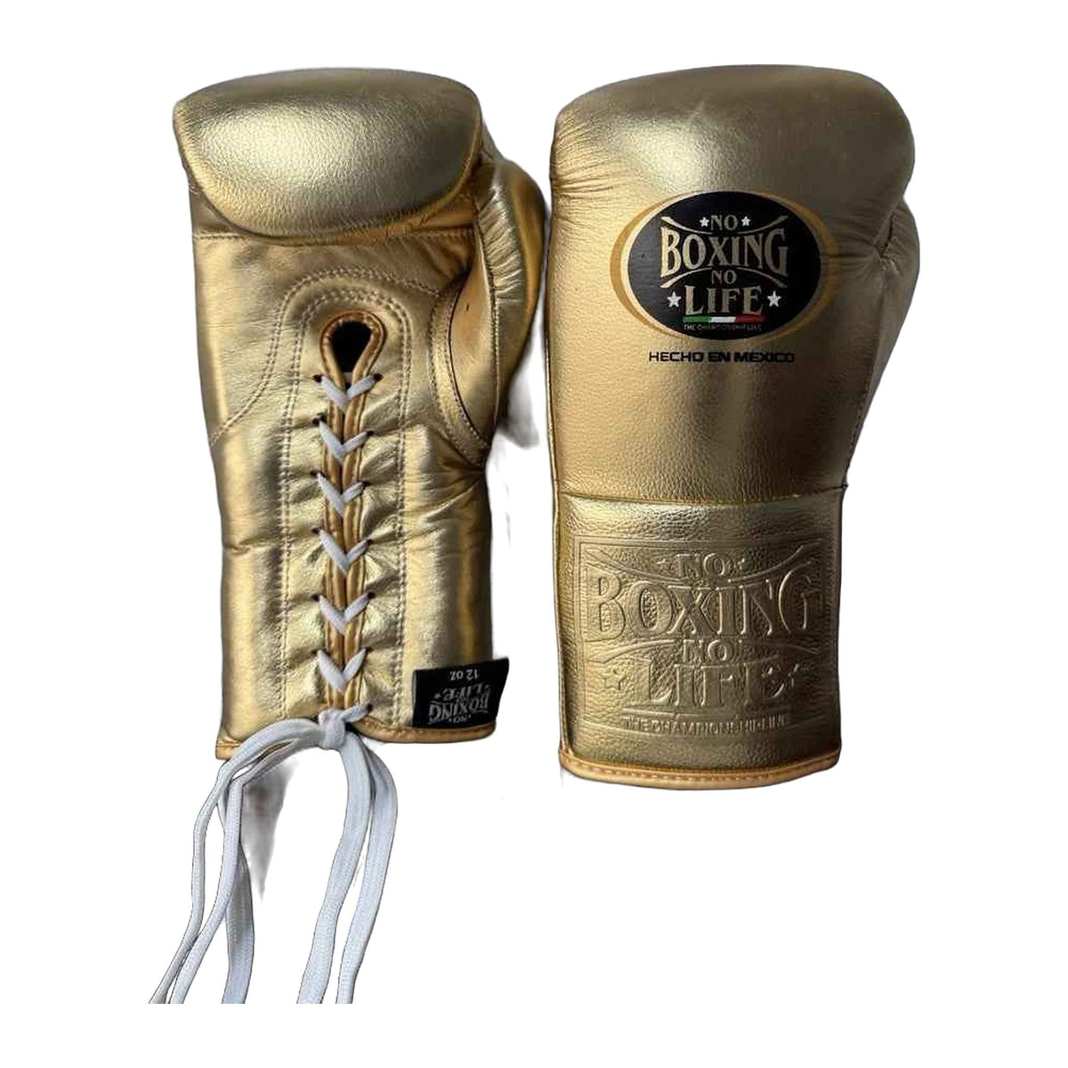 No Boxing No Life gold 12oz gloves close-up of metallic leather finish