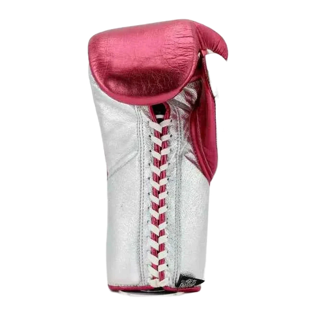 No Boxing No Life pink silver lace-up gloves pair displayed together